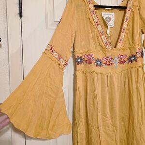 Free People Mustard Embroidered Long Sleeve Dress